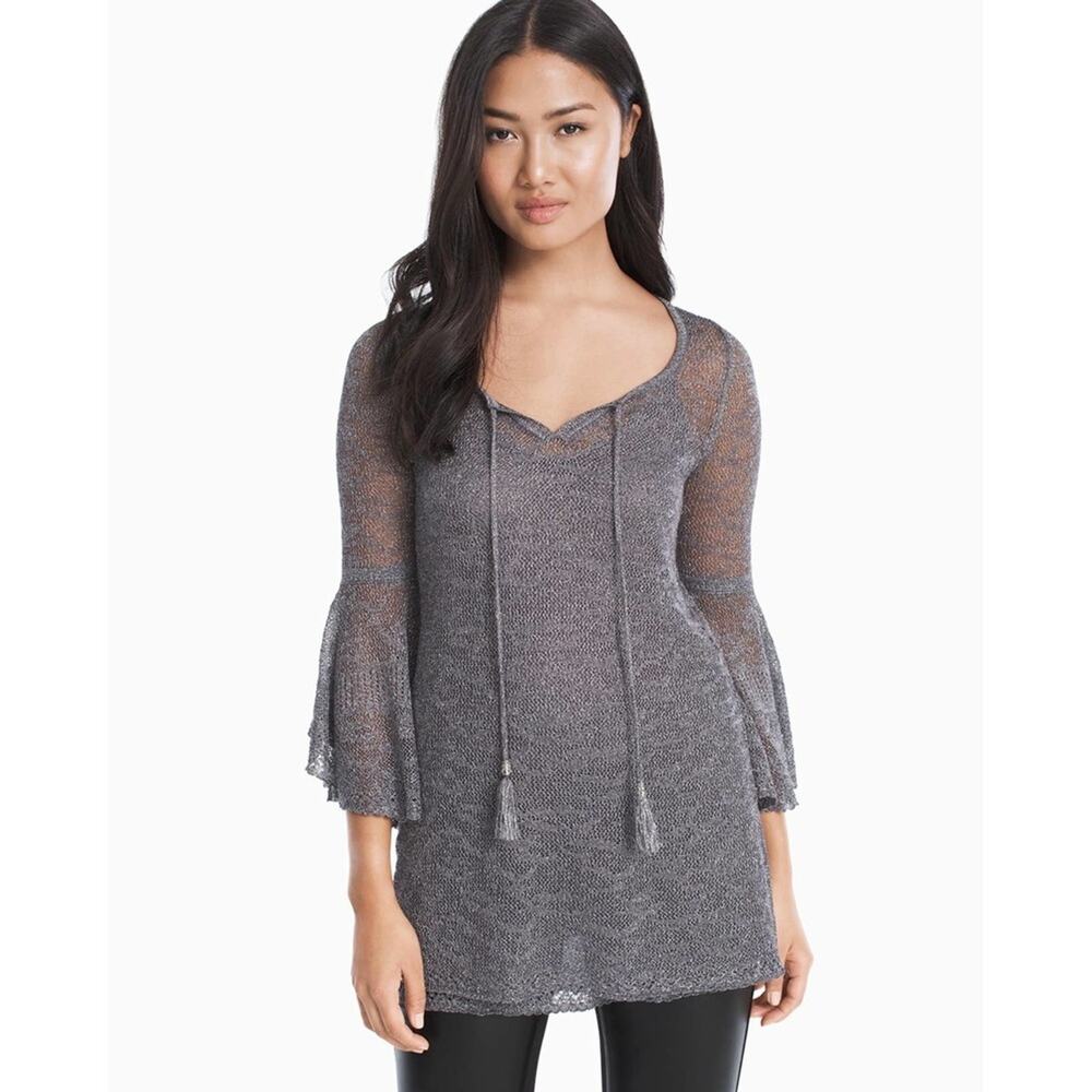 White House Black Market Silver Metallic Bell Sleeve V-Neck Tunic Sweater